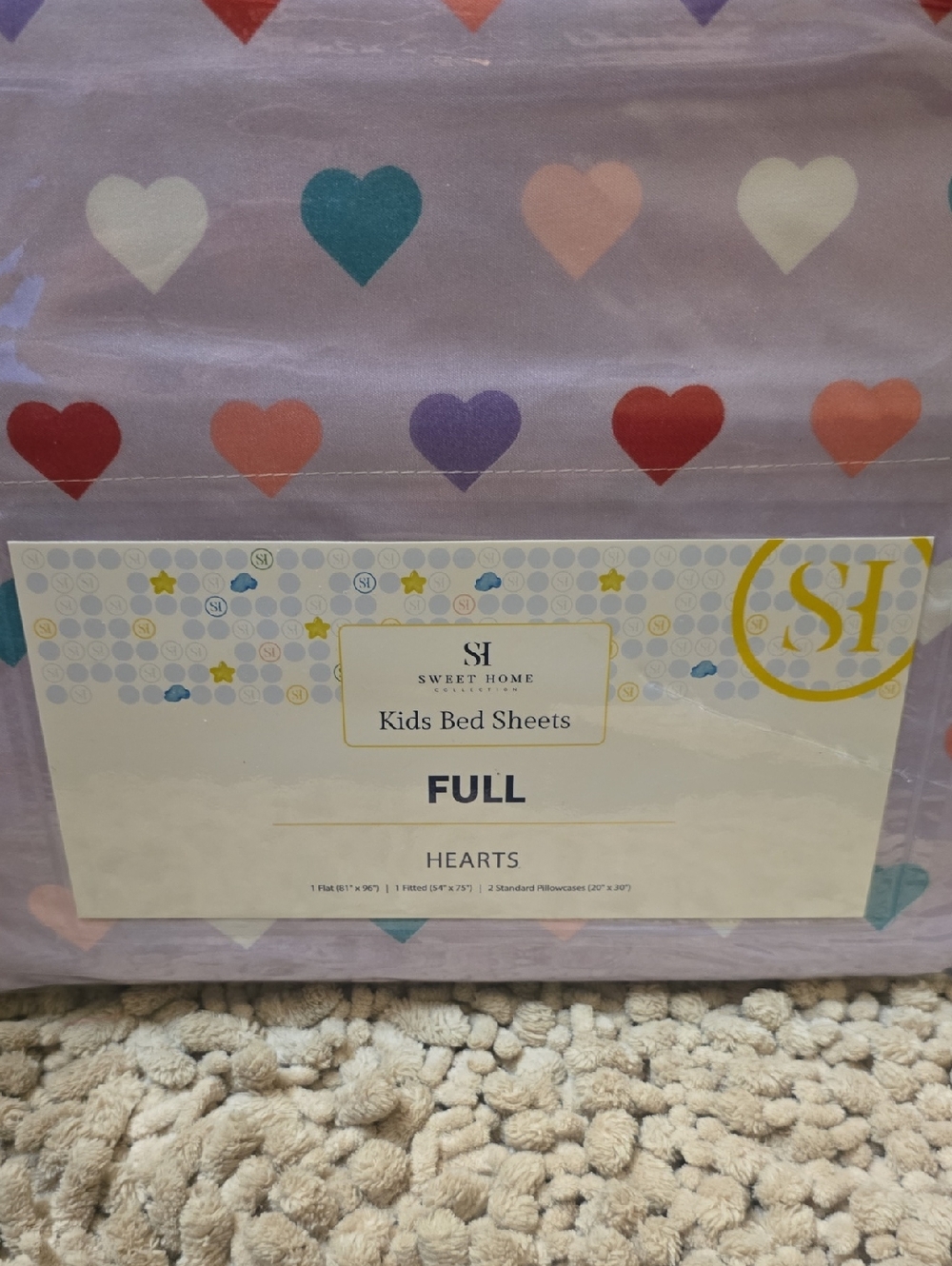 Sweet Home Kids Full Bed Sheet Set - Lavender Pink Teal White Hearts